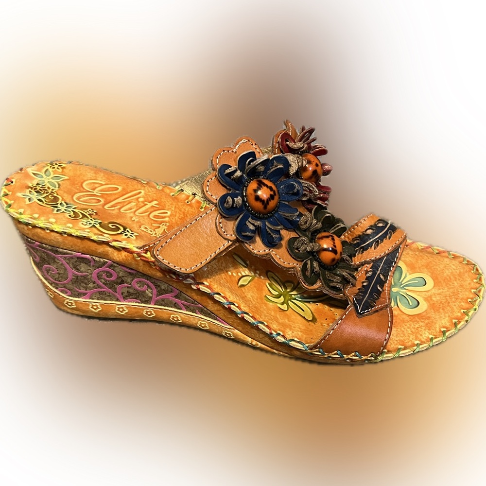 Corky’s Elite Bay Leather Flower Slide Wedge Sandals size 9